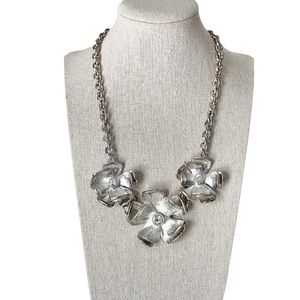 Floral & Rhinestone Station Silver Tone Chain Necklace